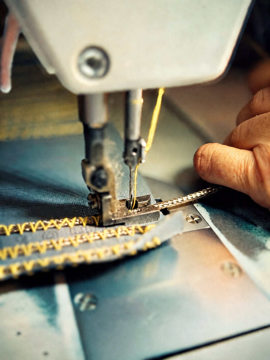 Mitarbeiterin näht Manschetten an einer Industrienähmaschine