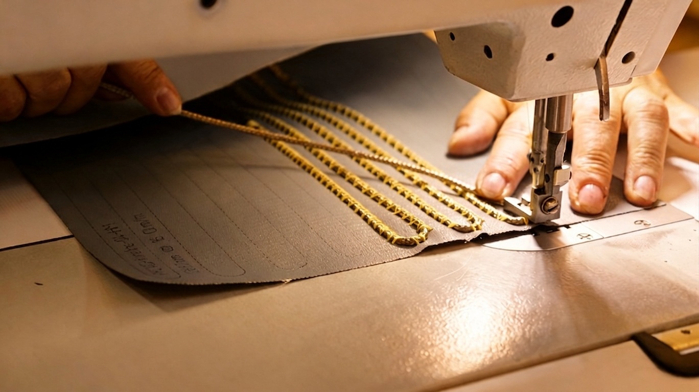 Industrienähmaschine beim Vernähen von Manschetten mit goldfarbenem Zierfaden
