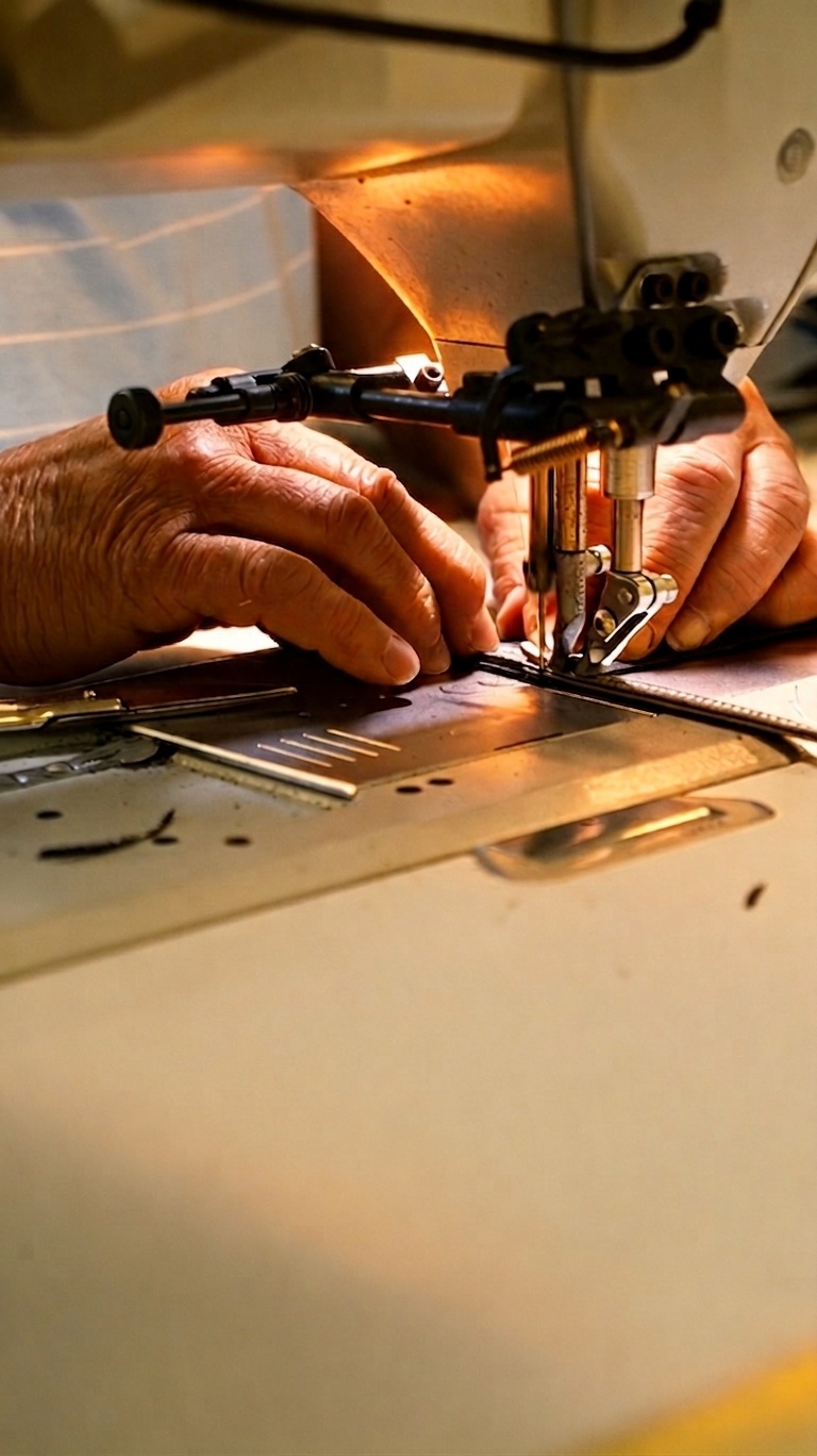 Detailaufnahme Nähvorgang an einer Industrienähmaschine