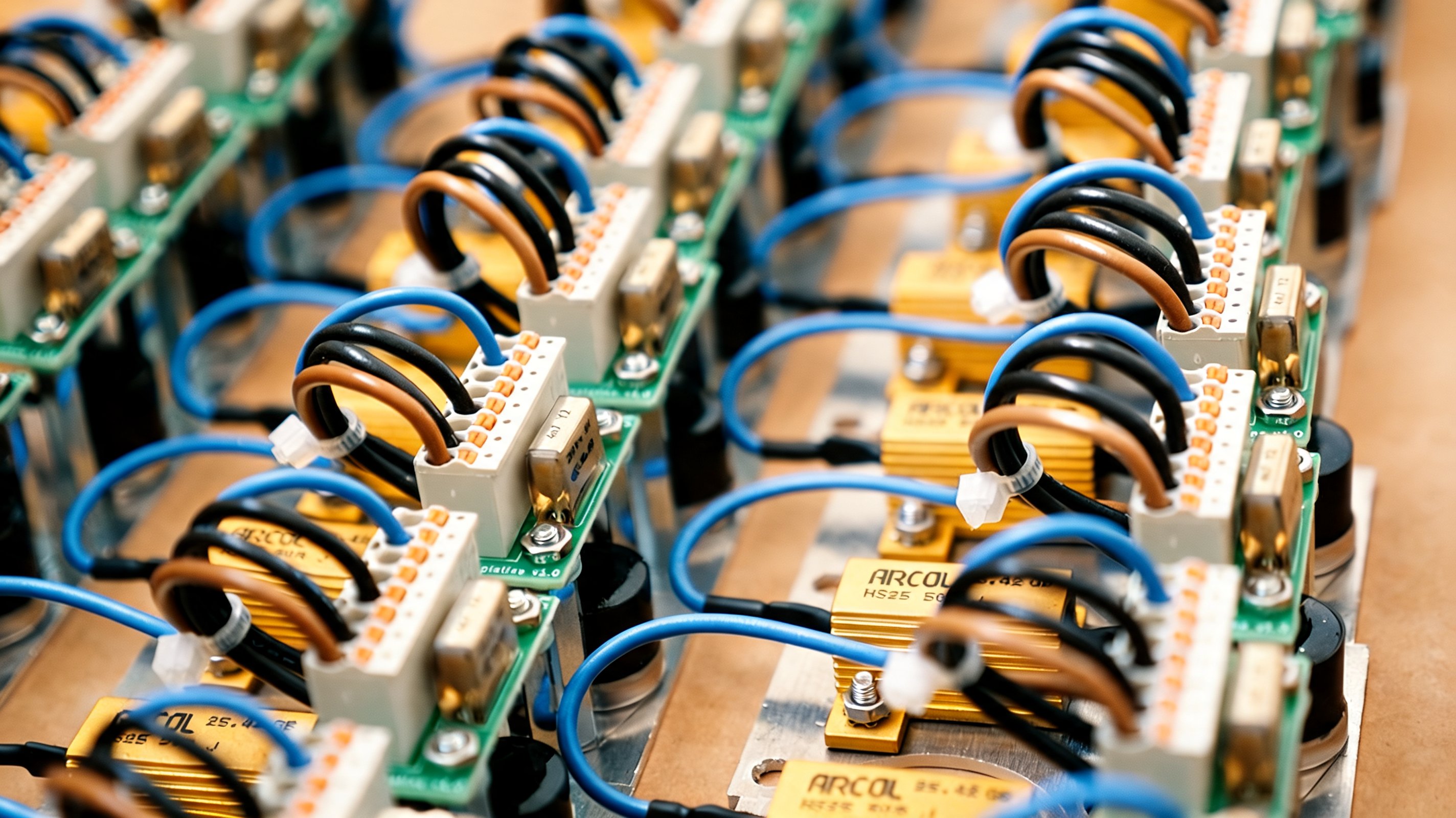 Bestückte Elektronikplatinen mit Spulen und Kabeln in der SLM-Fertigung