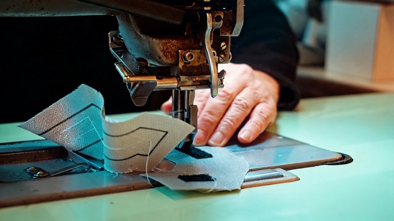 Industrienähmaschine beim Vernähen von Spezialgewebe für Schutzmanschetten